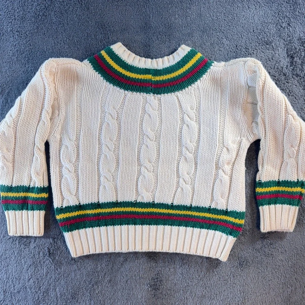 Vintage Gap Kids Cricket Sweater Cable Knit V-Neck‎ Ivory Green Red Yellow Small